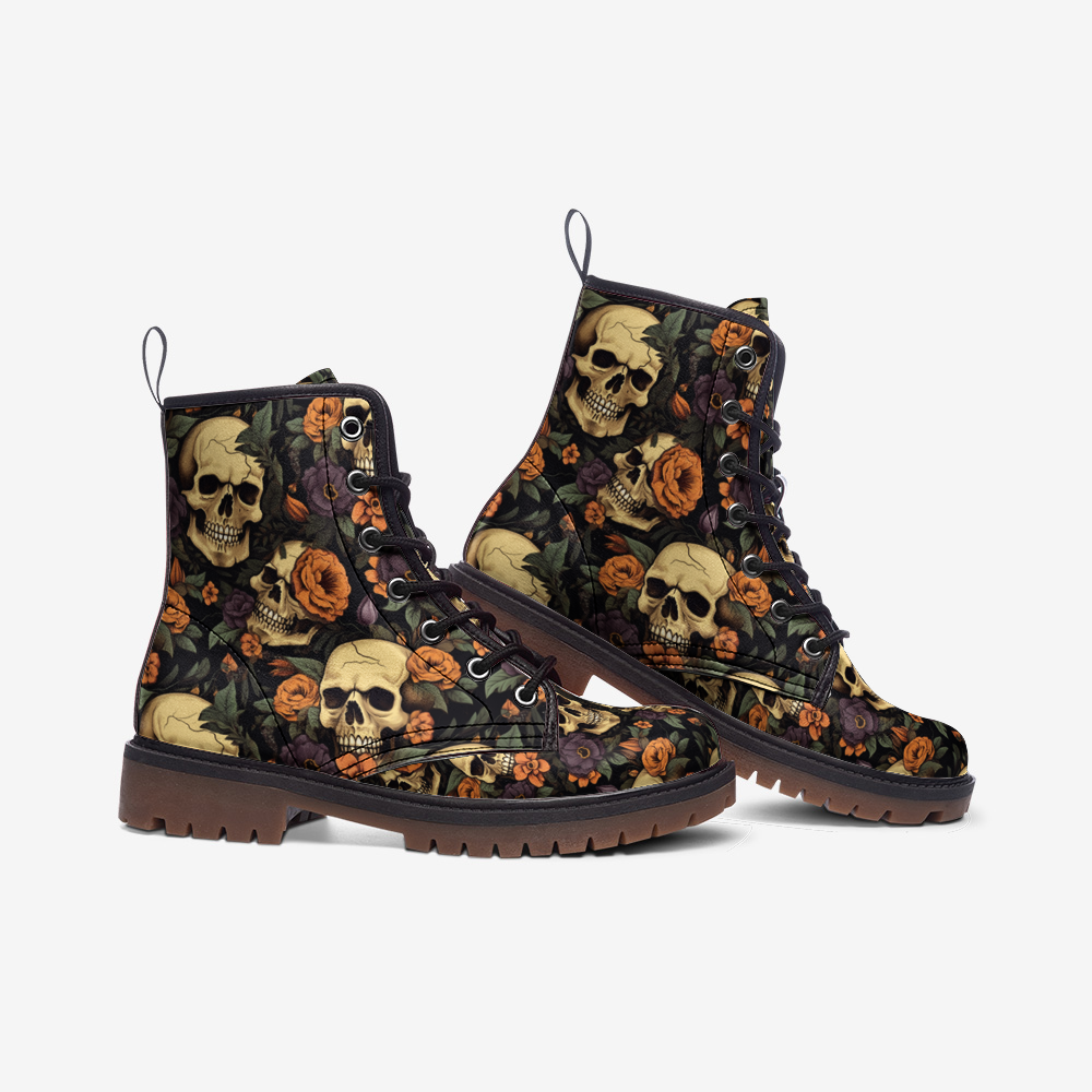 Skull & Floral Combat Boots – Vegan Gothic Style