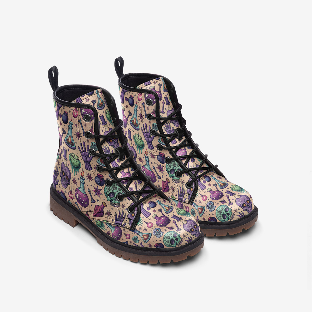 Mystic Potion Vegan Combat Boots – Alchemy Skull Print