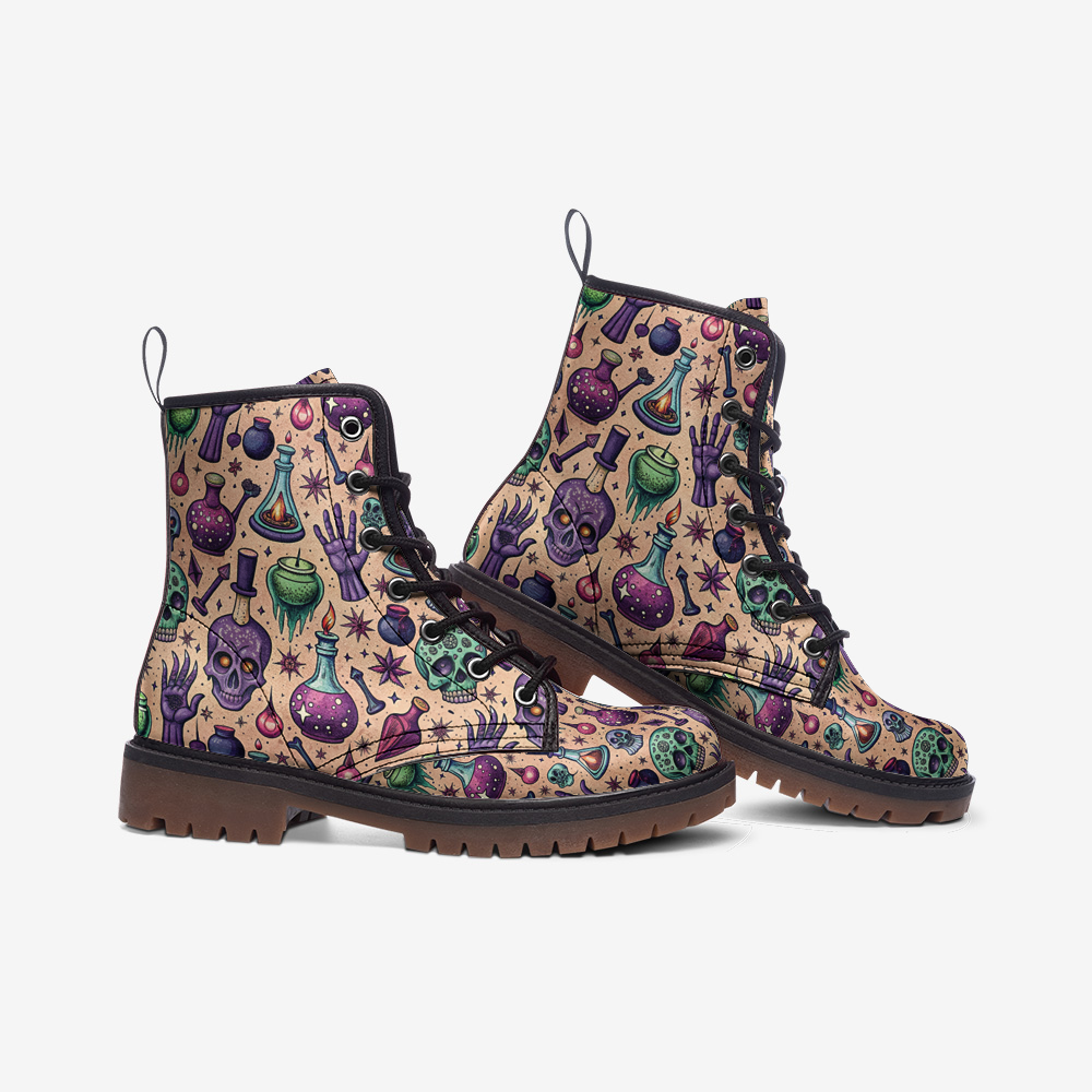 Mystic Potion Vegan Combat Boots – Alchemy Skull Print