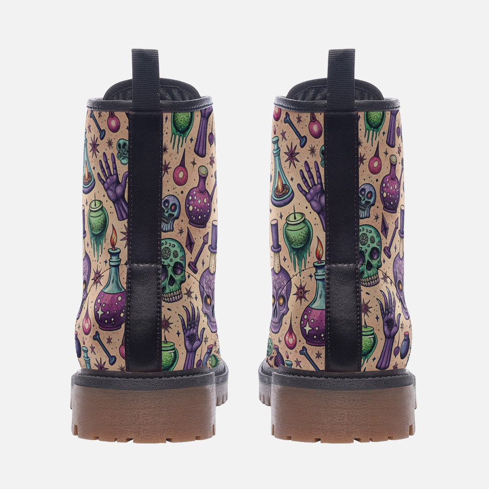 Mystic Potion Vegan Combat Boots – Alchemy Skull Print