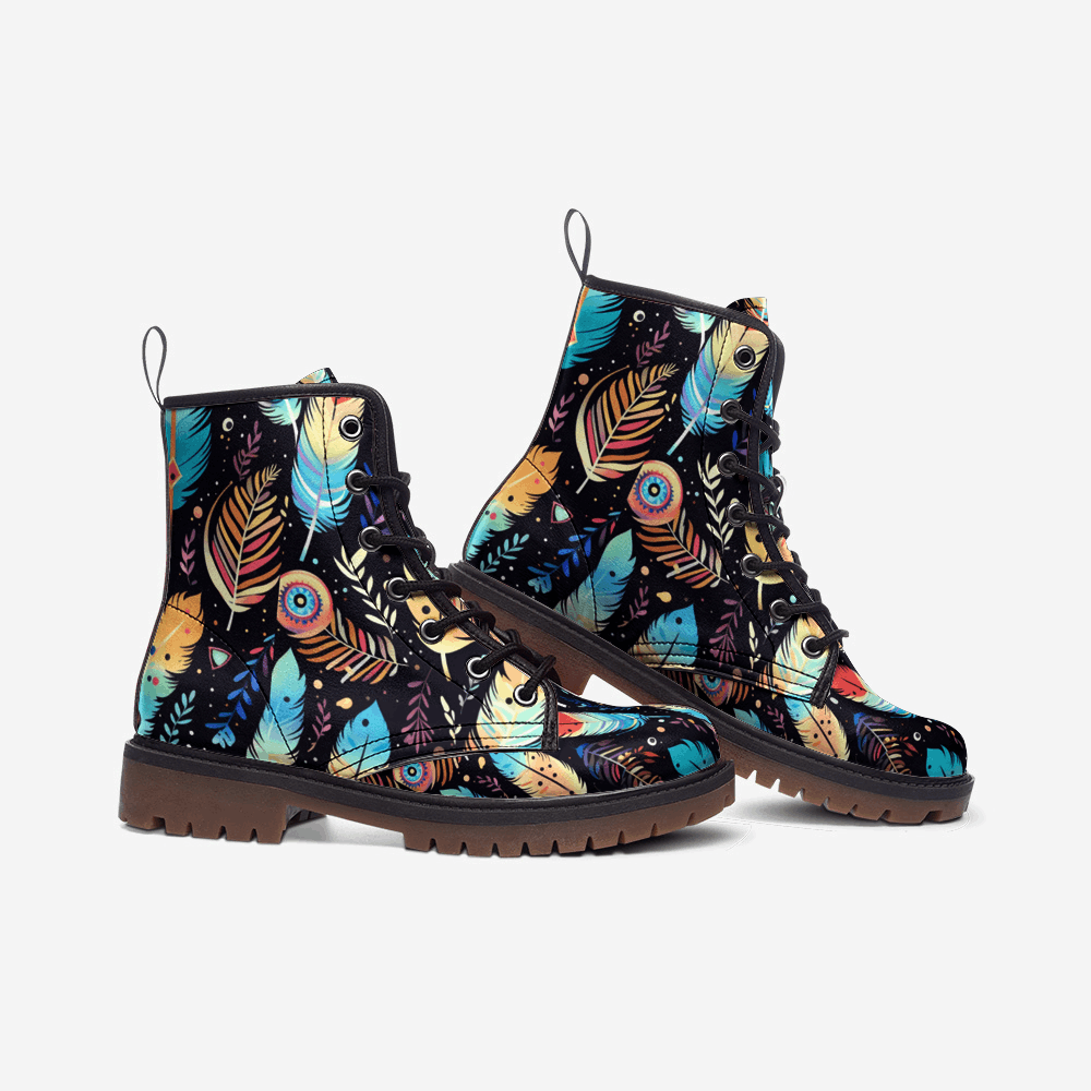 Colorful Feather Vegan Combat Boots - Eco-Friendly