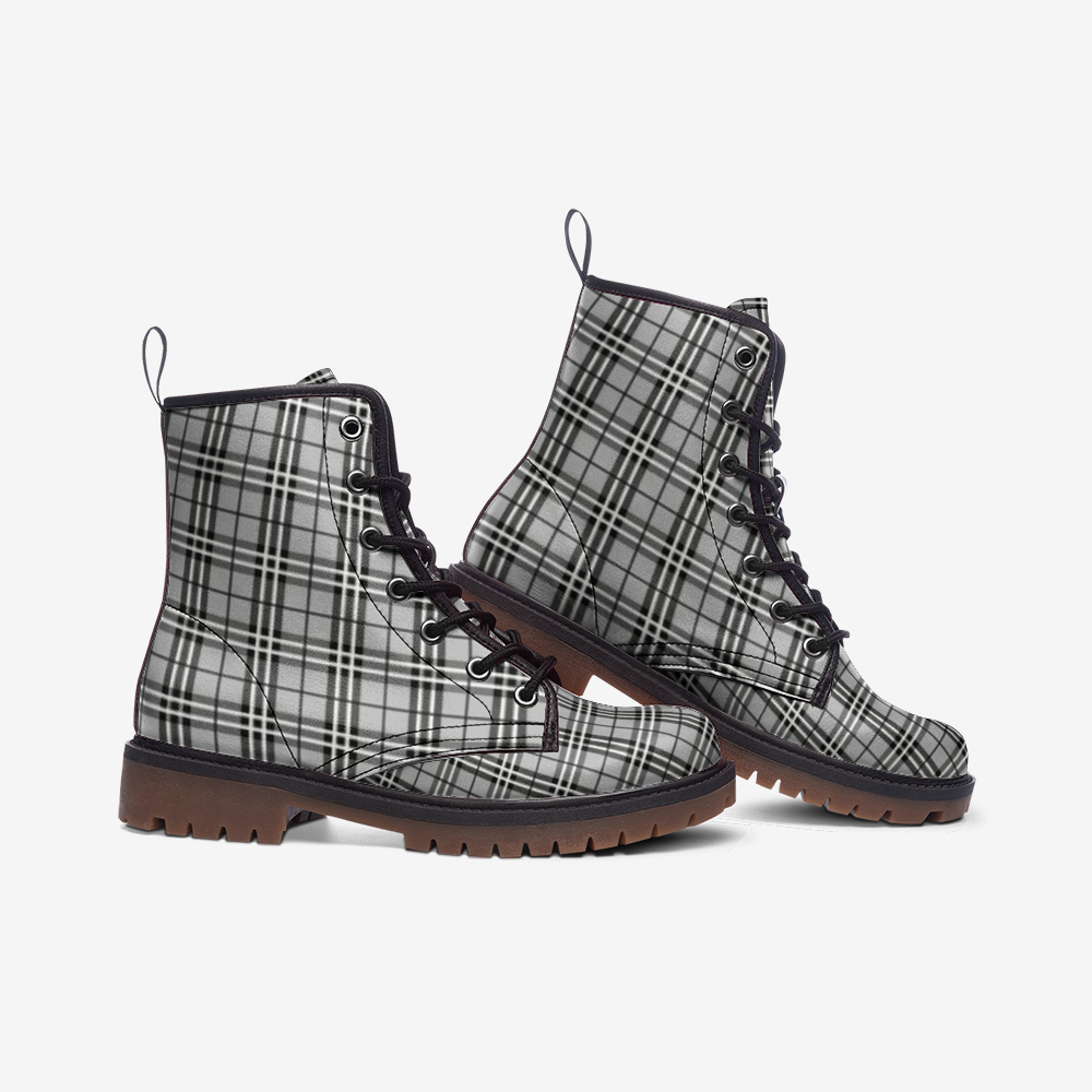 Grey Plaid Vegan Combat Boots