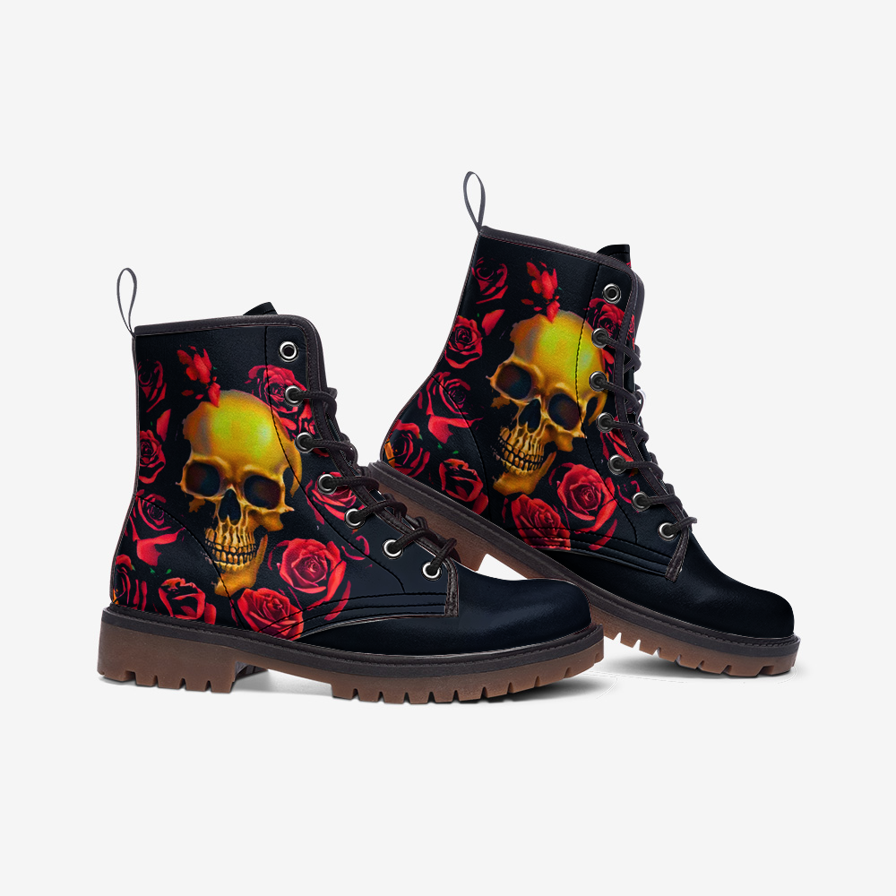 Vegan Combat Boots Skull and Roses