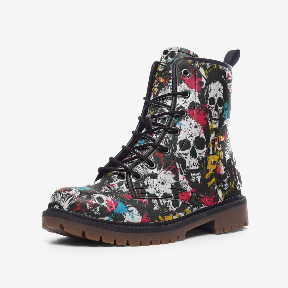 Unleash your rebellious side with our vegan skull-print combat boots. Stylish, eco-friendly, and durable, these boots are perfect for making a bold statement. Shop now for skull-inspired style with attitude.