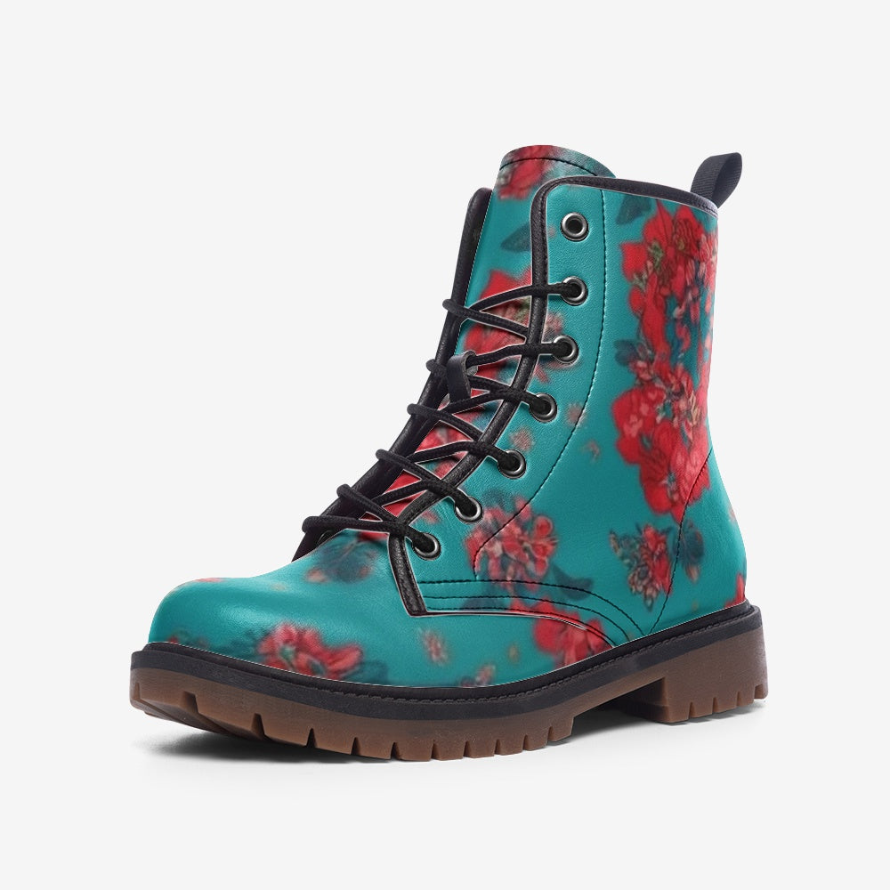 Turquoise Floral Combat Boots – Vegan Artistic Style