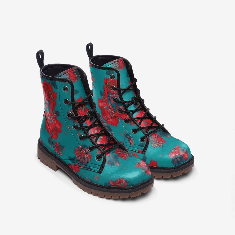Turquoise Floral Combat Boots – Vegan Artistic Style