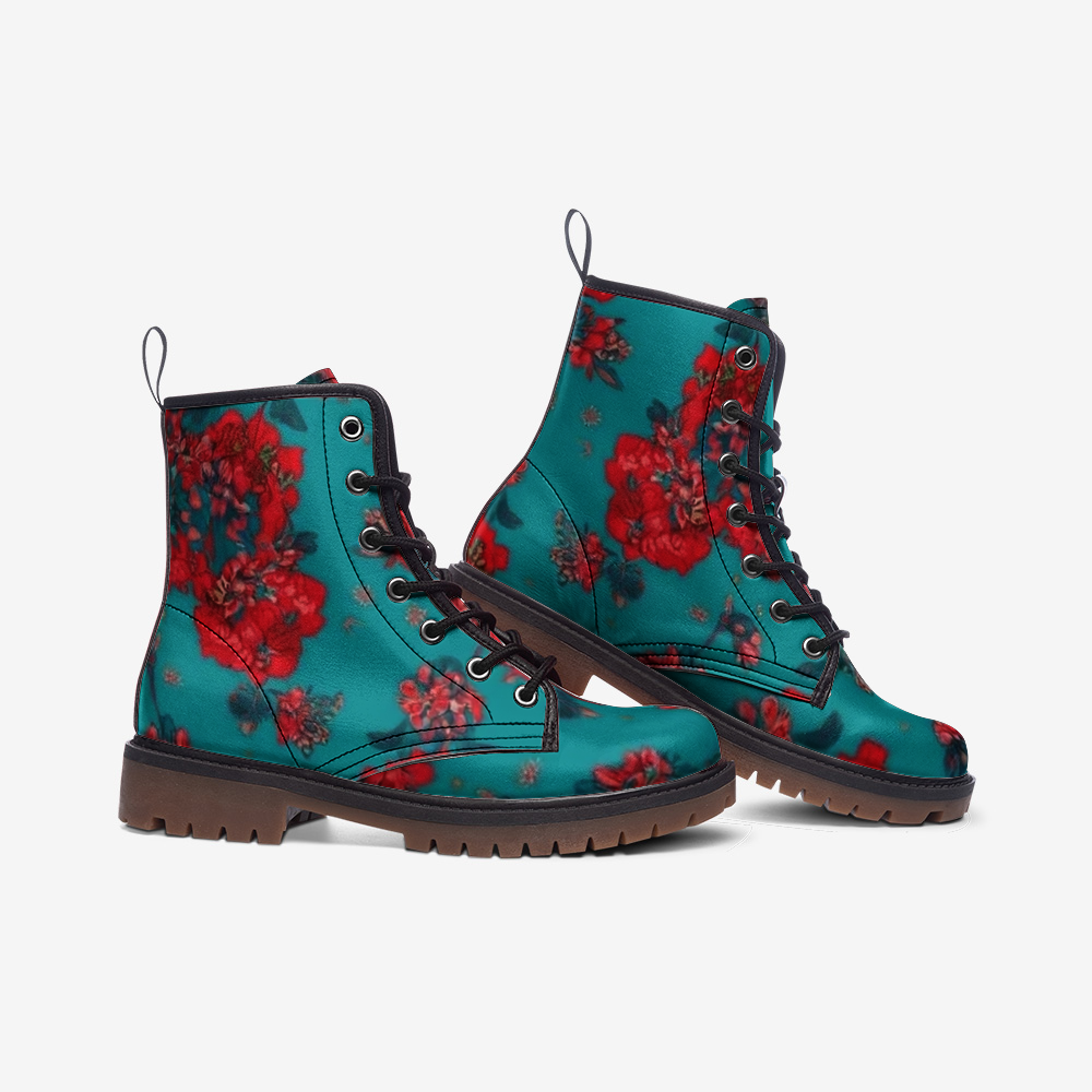 Turquoise Floral Combat Boots – Vegan Artistic Style