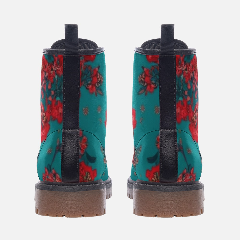 Turquoise Floral Combat Boots – Vegan Artistic Style