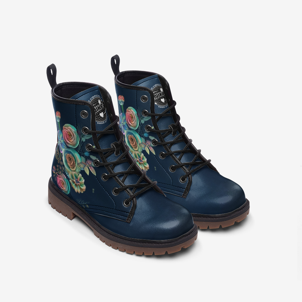 Navy Floral Combat Boots – Vegan Elegant Style