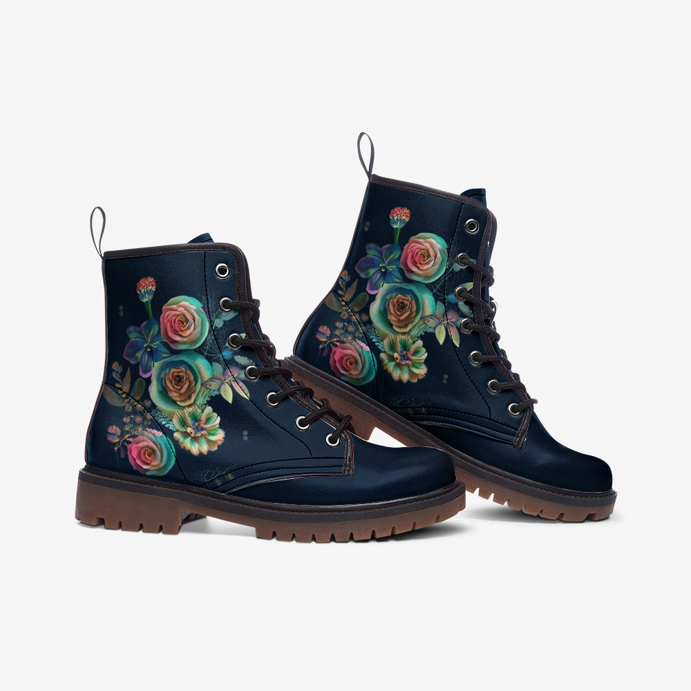 Navy Floral Combat Boots – Vegan Elegant Style