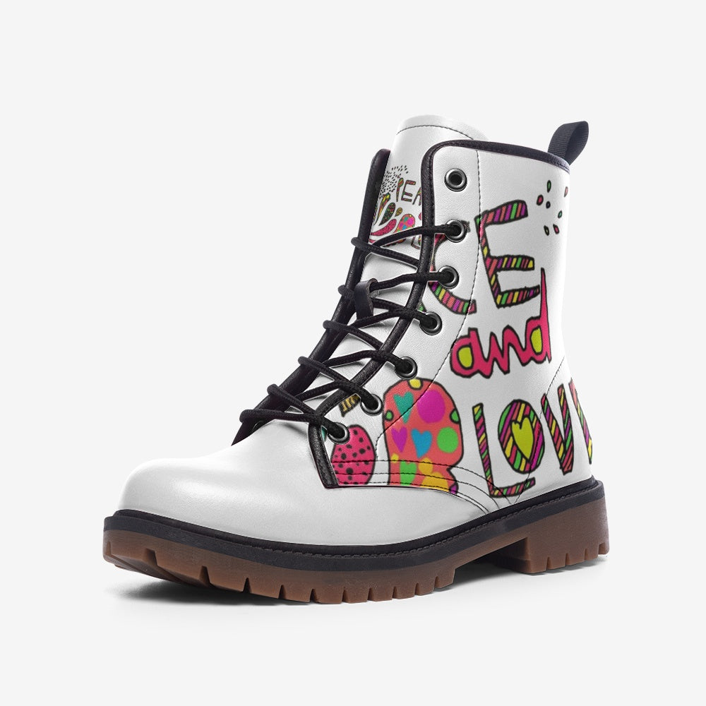 hop Peace & Love Vegan Combat Boots in white and multicolor. Made from cruelty-free vegan leather, these boots combine bold style and eco-friendly fashion. Order now and express your unique style!