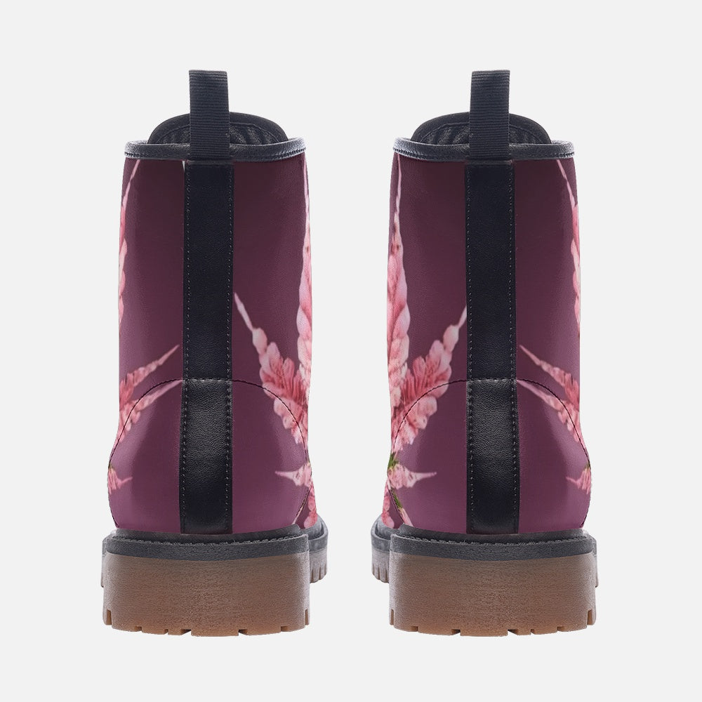 Faux Leather Combat Boots – Printed with pink weed leaf.