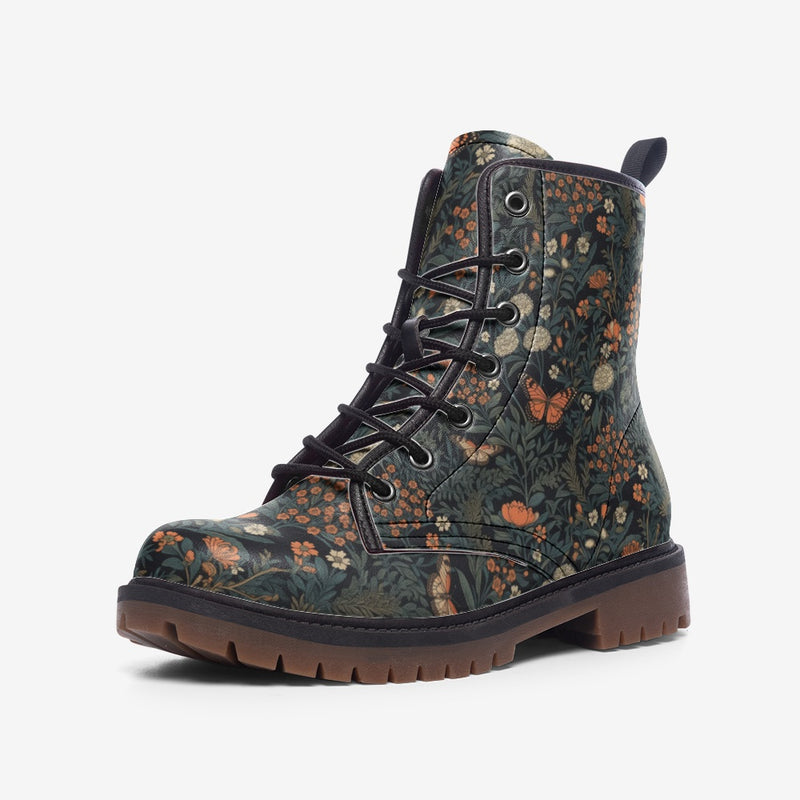 Cottagecore floral combat boots with butterfly print.