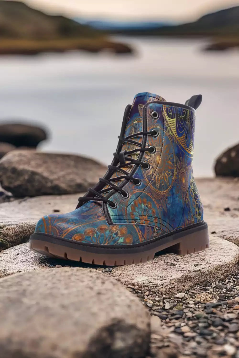 Boho Hippie Combat Boots – 100% vegan, featuring intricate patterns and vibrant colors, perfect for free-spirited individuals embracing eco-friendly, bohemian style.