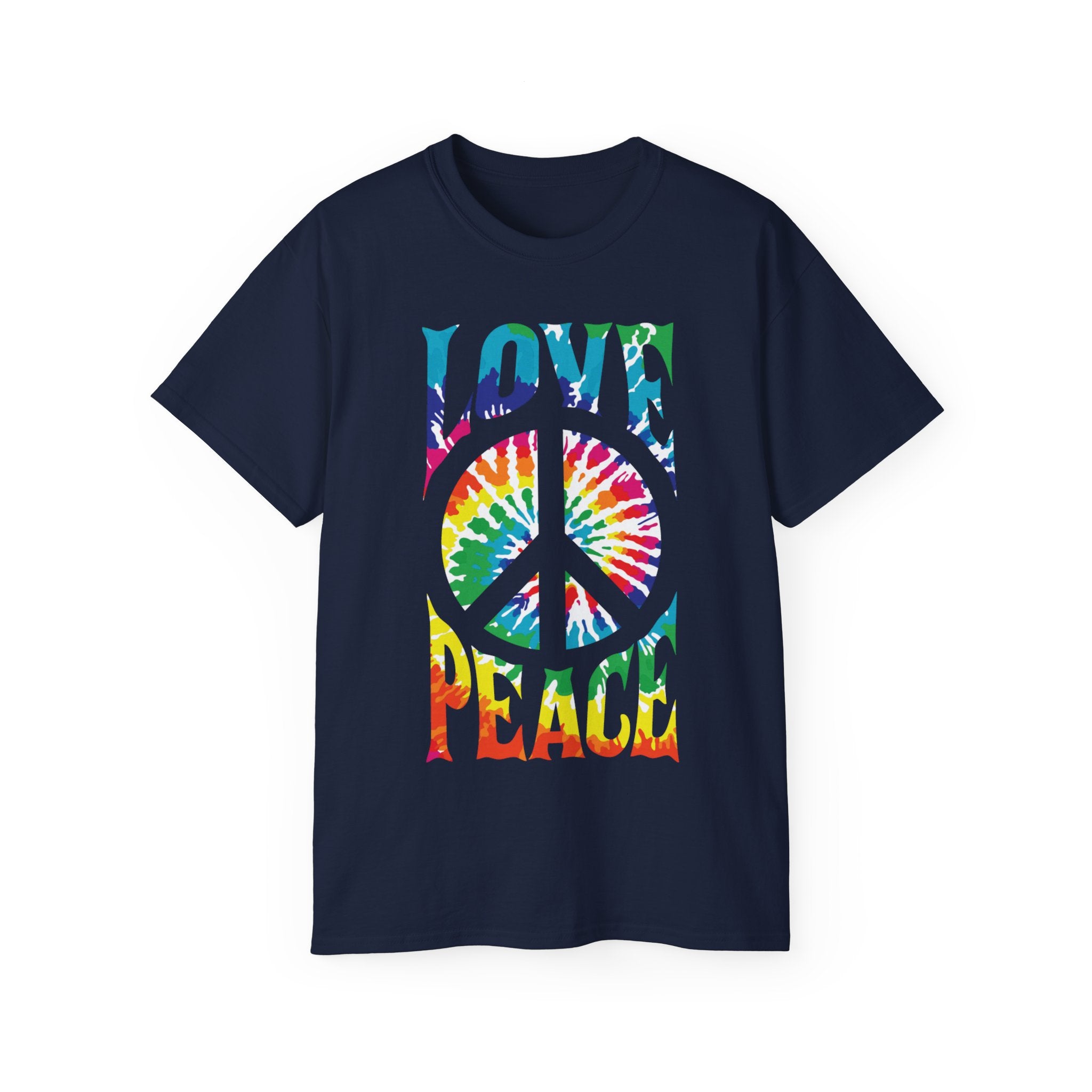 Colorful 60s-inspired T-shirt with a vibrant peace symbol.